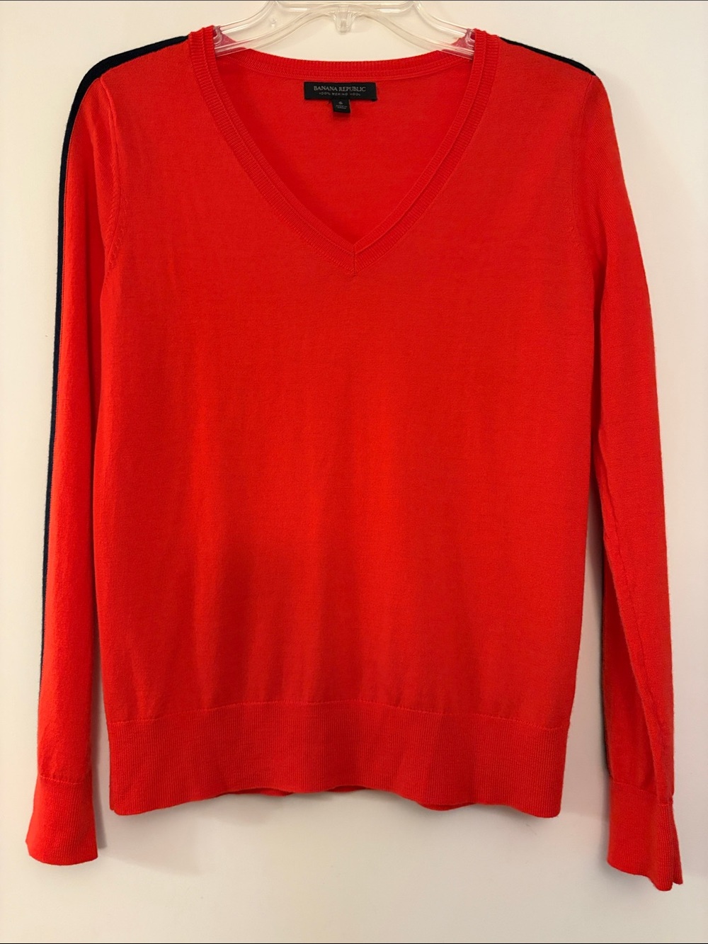 Banana Republic Women’s Bright Red V-Neck Wool Sweater with Navy Shoulder Trim,S